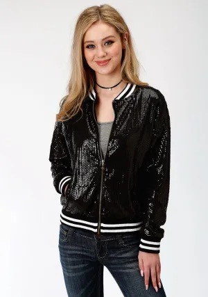 All-Day Ease Roper Womens Black Polyester Sequined Bomber Jacket Roper Womens Black Polyester Sequined Bomber Jacket Minimal Fit
