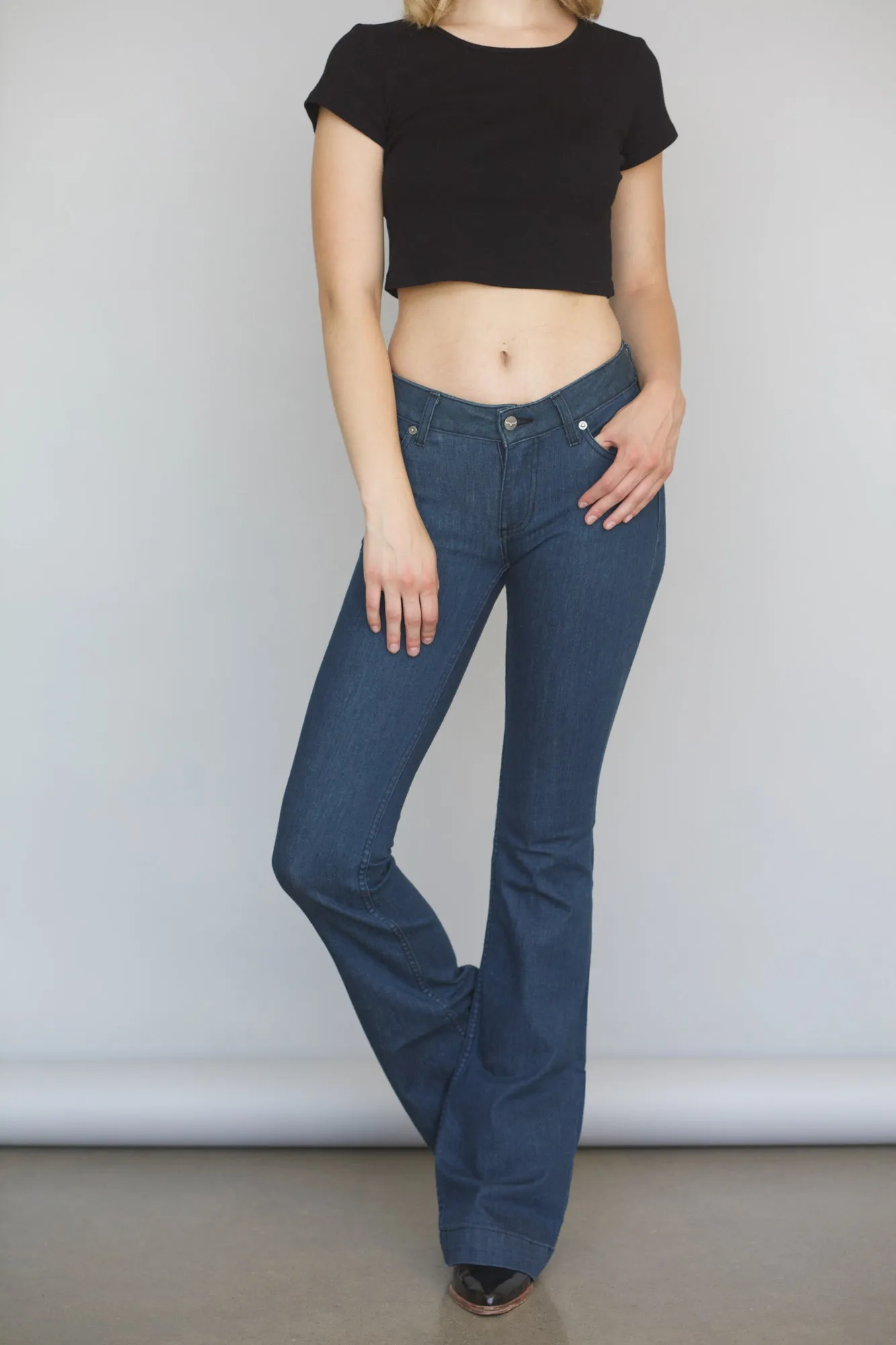 Cropped length Kimes Ranch Womens Lola Jeans Dark Indigo Cotton Blend Wide Flare Leg