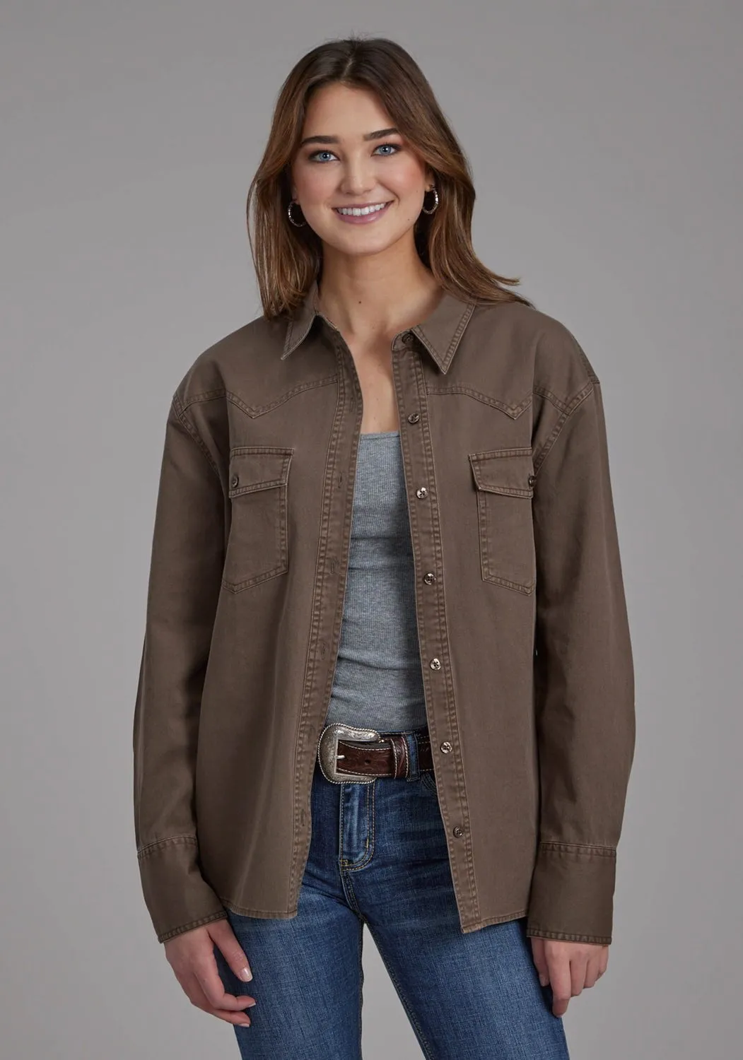 Travel Essential Family Style Minimalist Style Date Night Roper Womens Pigment Dyed Oversized Brown 100% Cotton Jacket