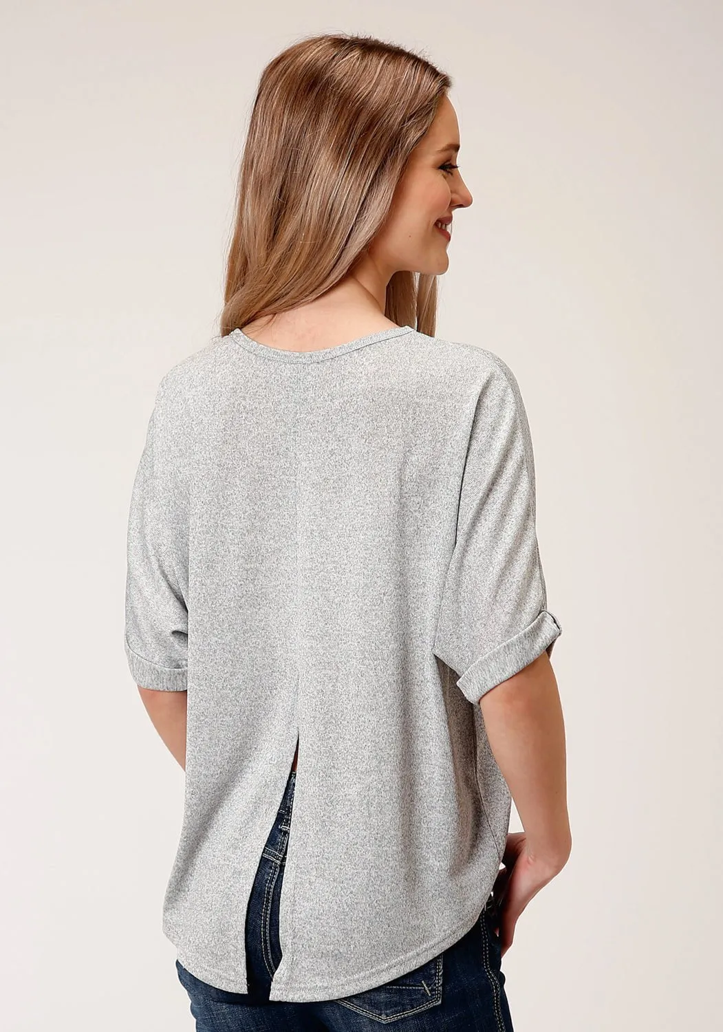 Roper Womens Heather Grey Polyester Dolman Aztec S/S T-Shirt Neutral Toned Stitching