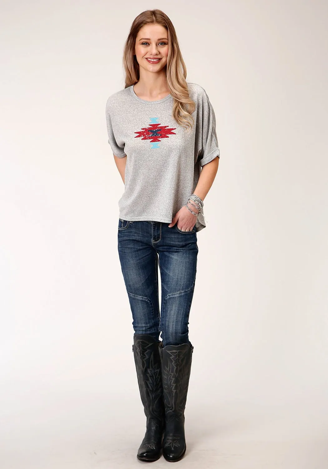 Roper Womens Heather Grey Polyester Dolman Aztec S/S T-Shirt Seasonal Essential