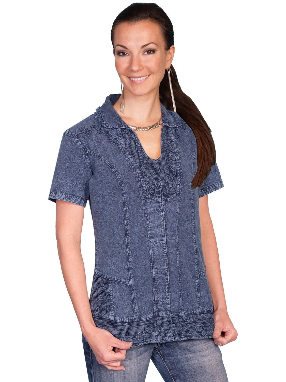 Graduation Ceremony Scully Womens Soutache Embroidery Dark Blue 100% Cotton S/S Blouse