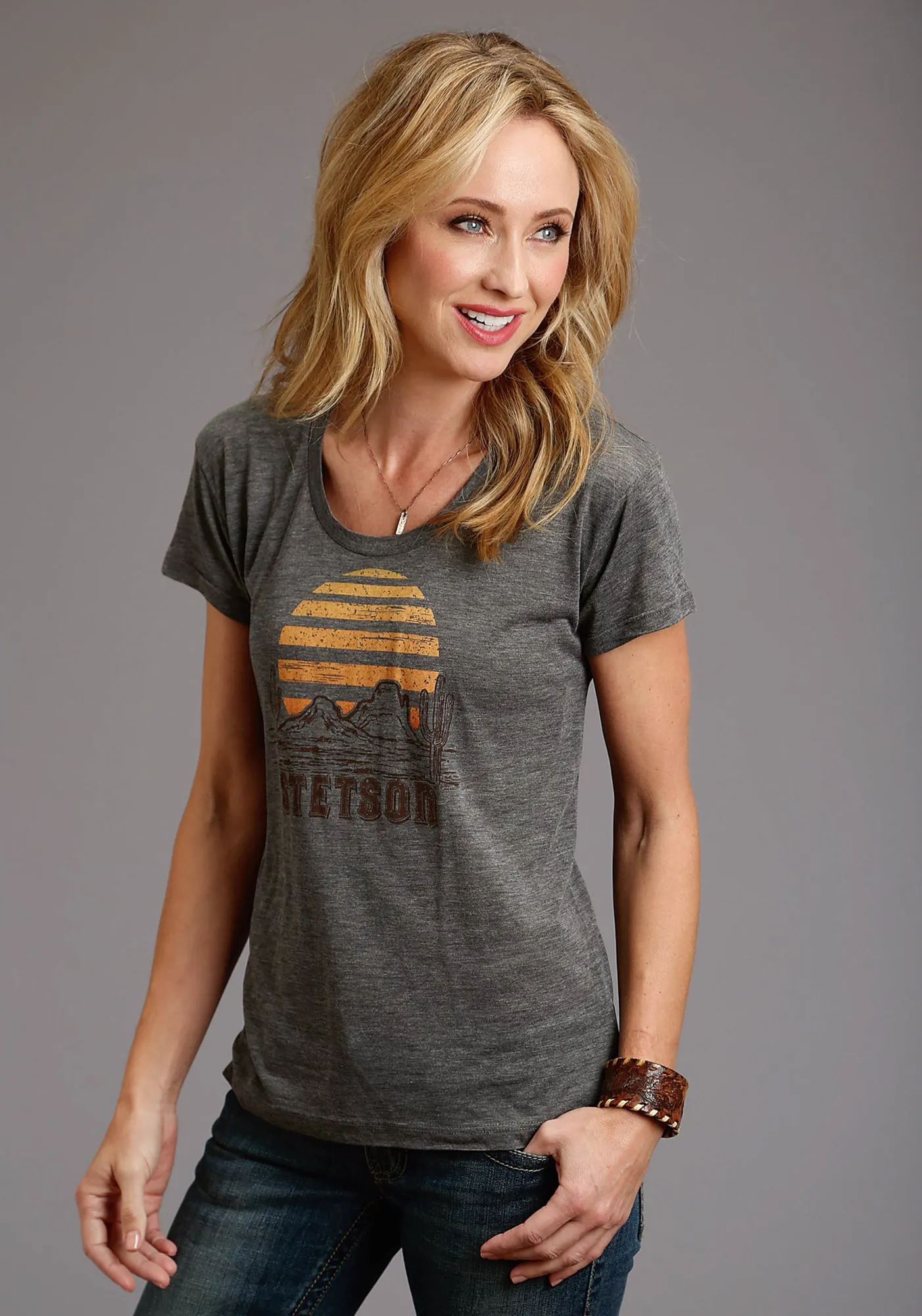 Stetson Womens Grey Poly/Rayon Cactus/Sunset S/S T-Shirt Wrinkle-Free elegant design