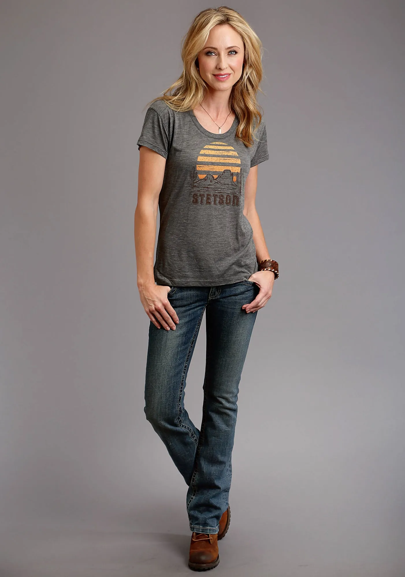 First Date Stetson Womens Grey Poly/Rayon Cactus/Sunset S/S T-Shirt