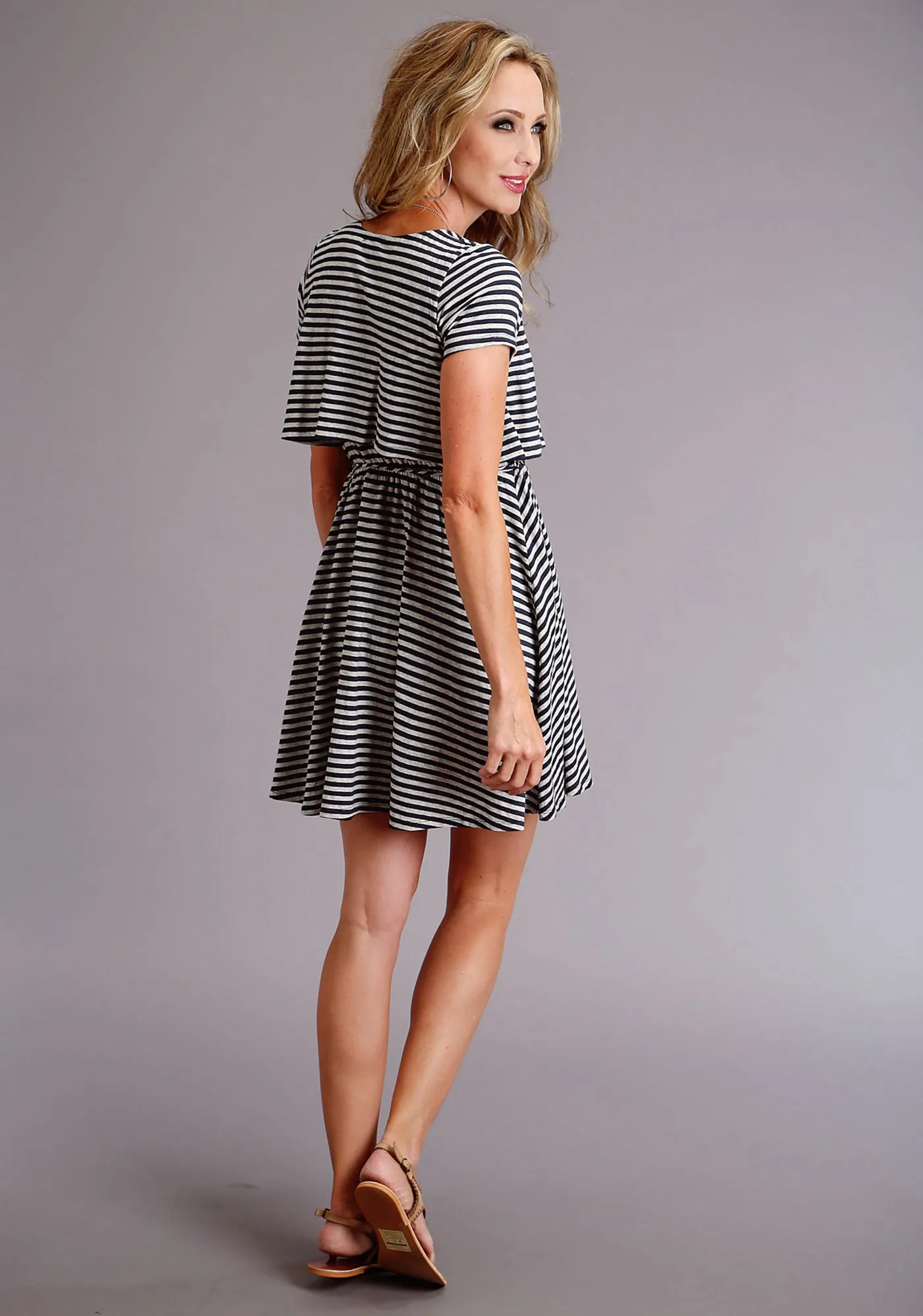 Bartack Stitching Stetson Womens Navy/White Rayon Striped Wrap S/S Dress