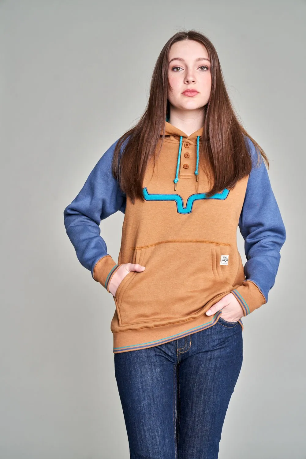 Kimes Ranch Womens Amigo Brown Cotton blend Hoodie Sunny Vibes Vibrant Relaxed Style Flex Knit Waist Panel