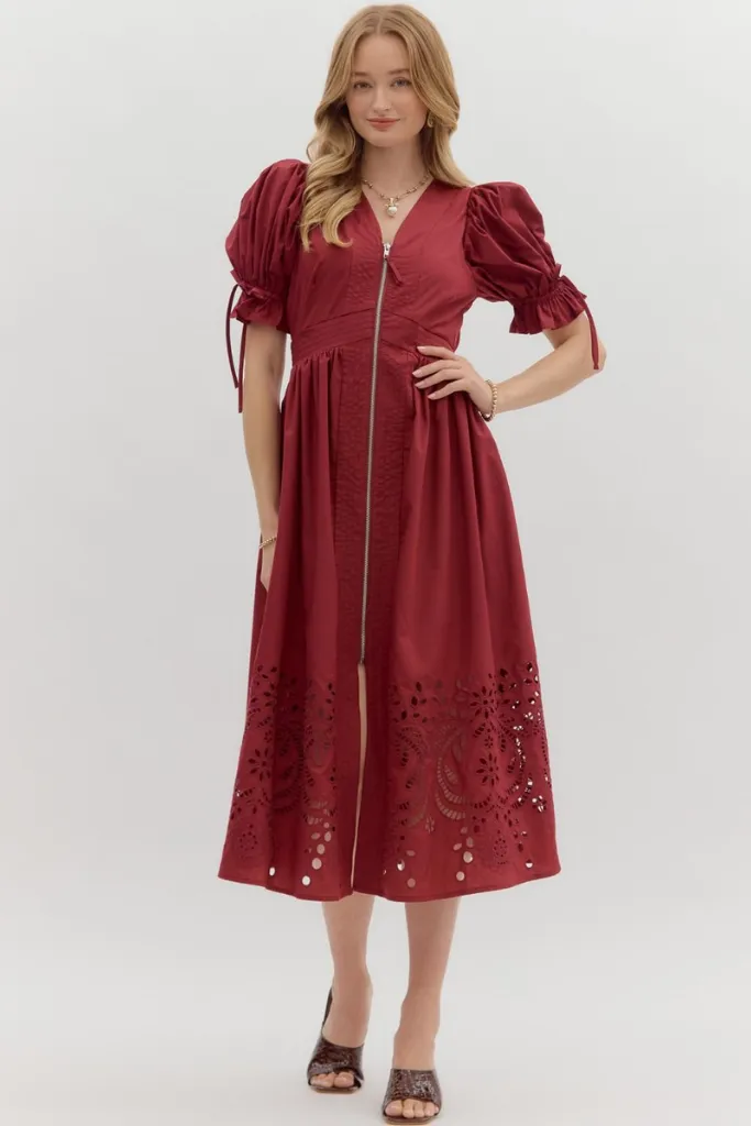 Elizabeth Crochet Trim Zip Front Midi Dress in Garnet Adjustable-Length