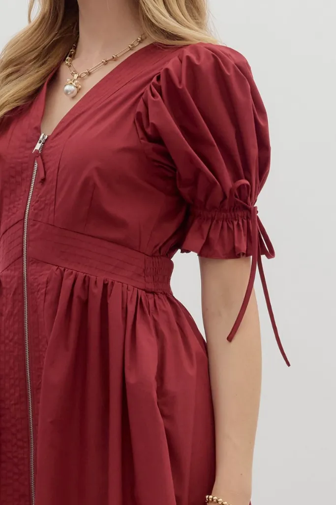 Elizabeth Crochet Trim Zip Front Midi Dress in Garnet Warm Palette Quick Layer