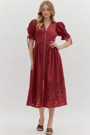 All-Weather Wear Elizabeth Crochet Trim Zip Front Midi Dress in Garnet Fashionable Design Cocktail-Party Elizabeth Crochet Trim Zip Front Midi Dress in Garnet