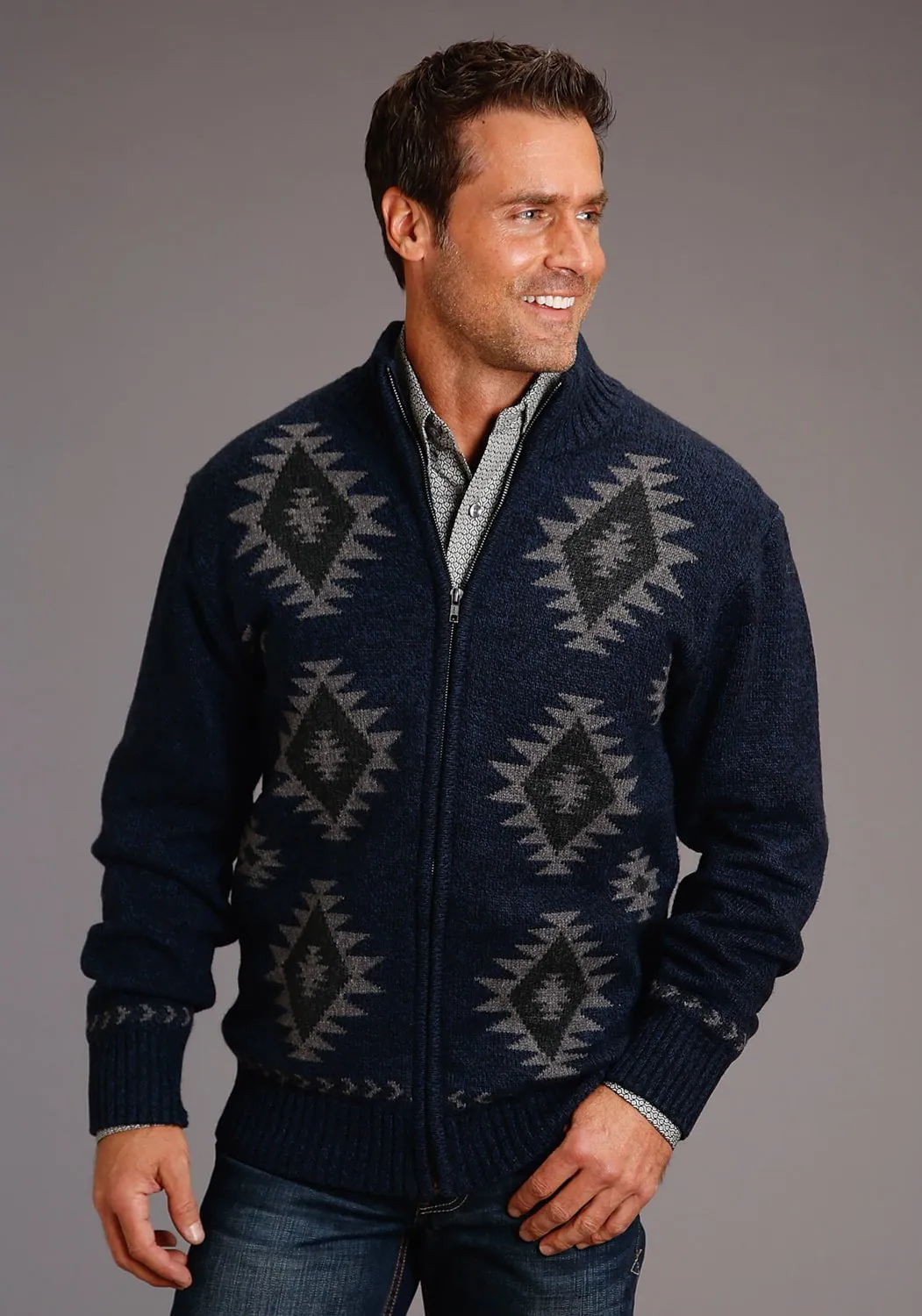Wrinkle Free Care Stetson Mens Navy/Grey Cotton/Wool Aztec Pattern Cardigan