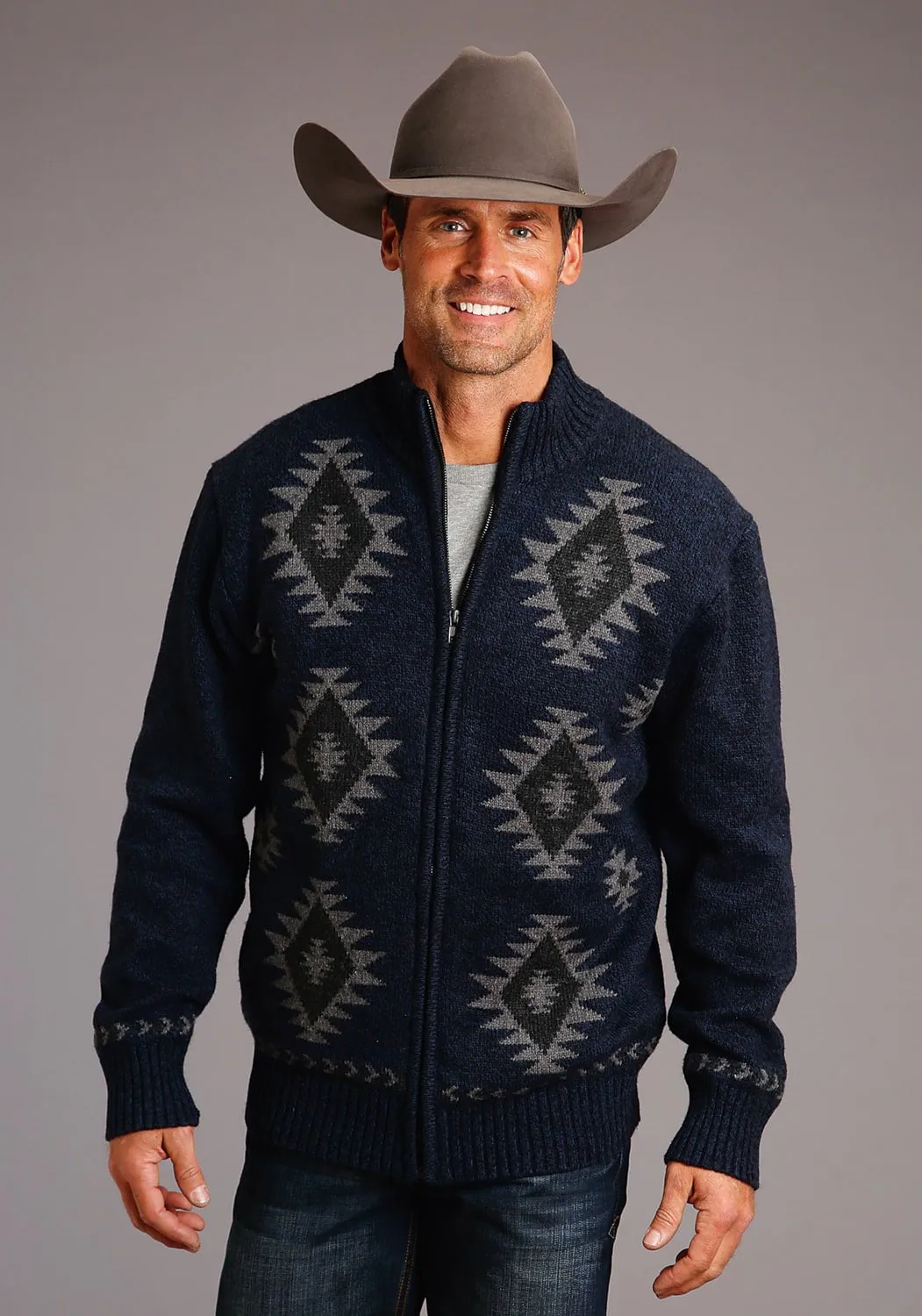 Work Appropriate Edgy style Stetson Mens Navy/Grey Cotton/Wool Aztec Pattern Cardigan