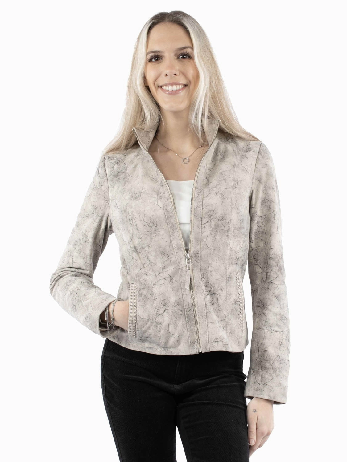 Scully Womens Stonewashed Stand Up Grey Leather Leather Jacket Body Friendly Perfect For Daily