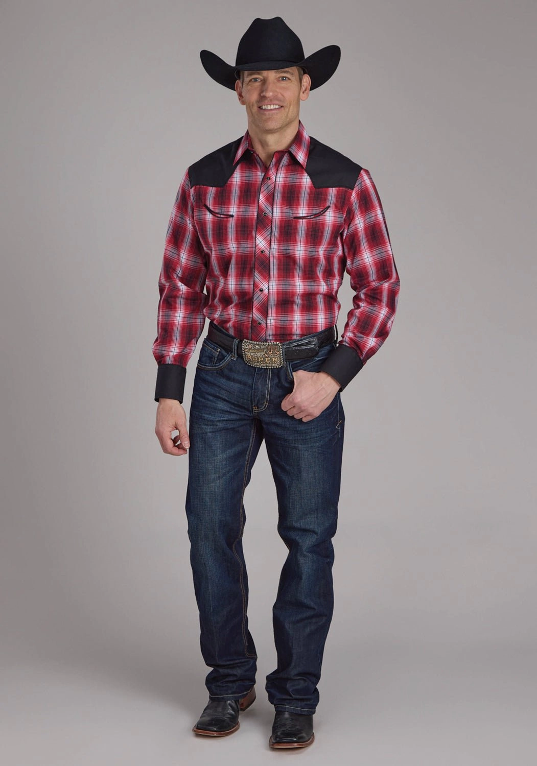 Roper Mens 2131 Plaid Retro Red/White Cotton Blend L/S Shirt natural fiber Polished Placket