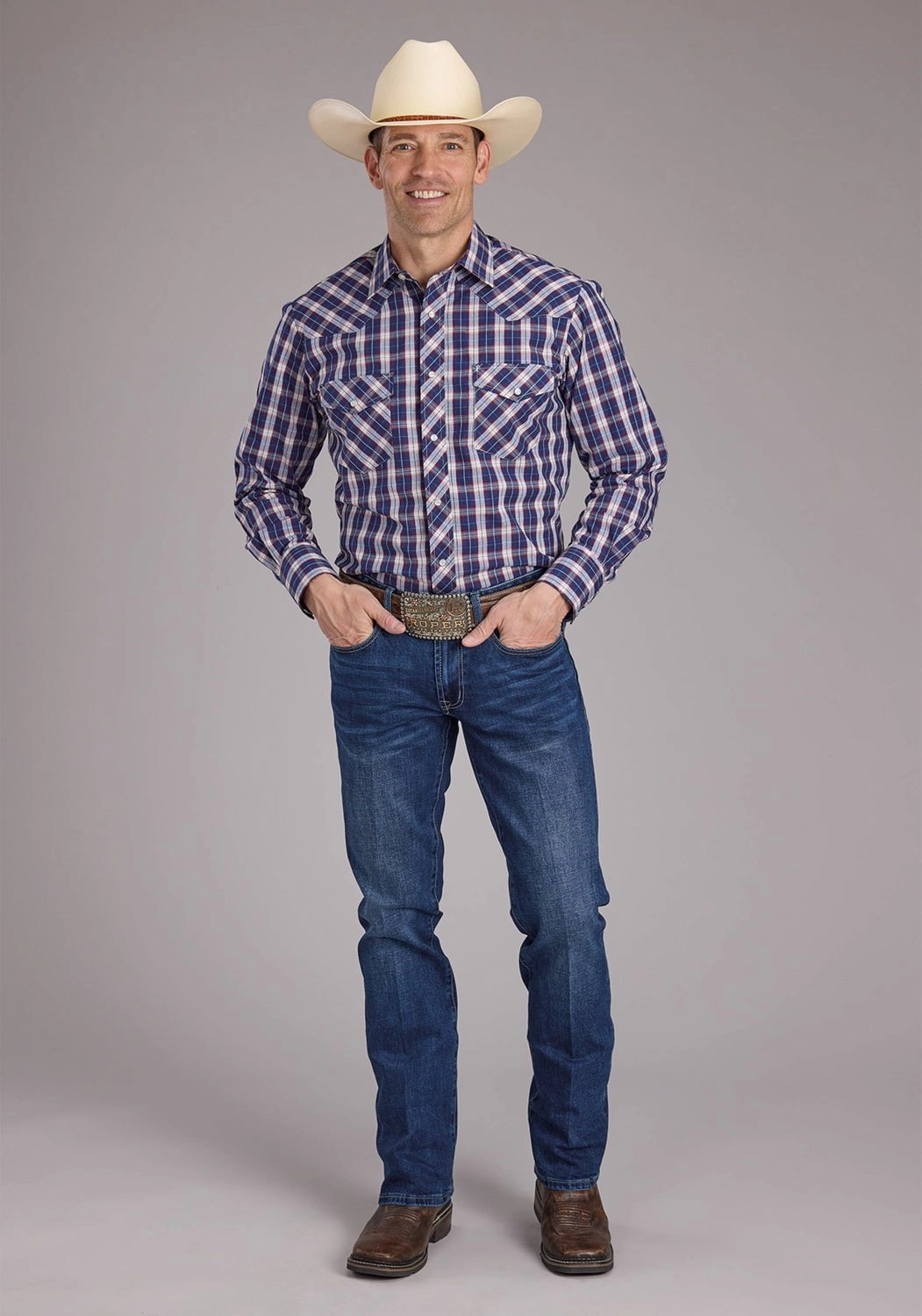 youth trend Roper Mens 2414 Multi Plaid Blue Cotton Blend L/S Shirt