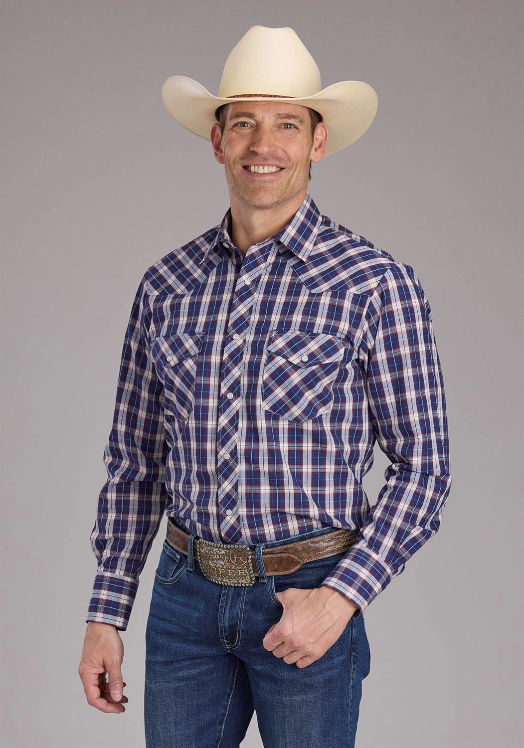 Friends Meetup Roper Mens 2414 Multi Plaid Blue Cotton Blend L/S Shirt