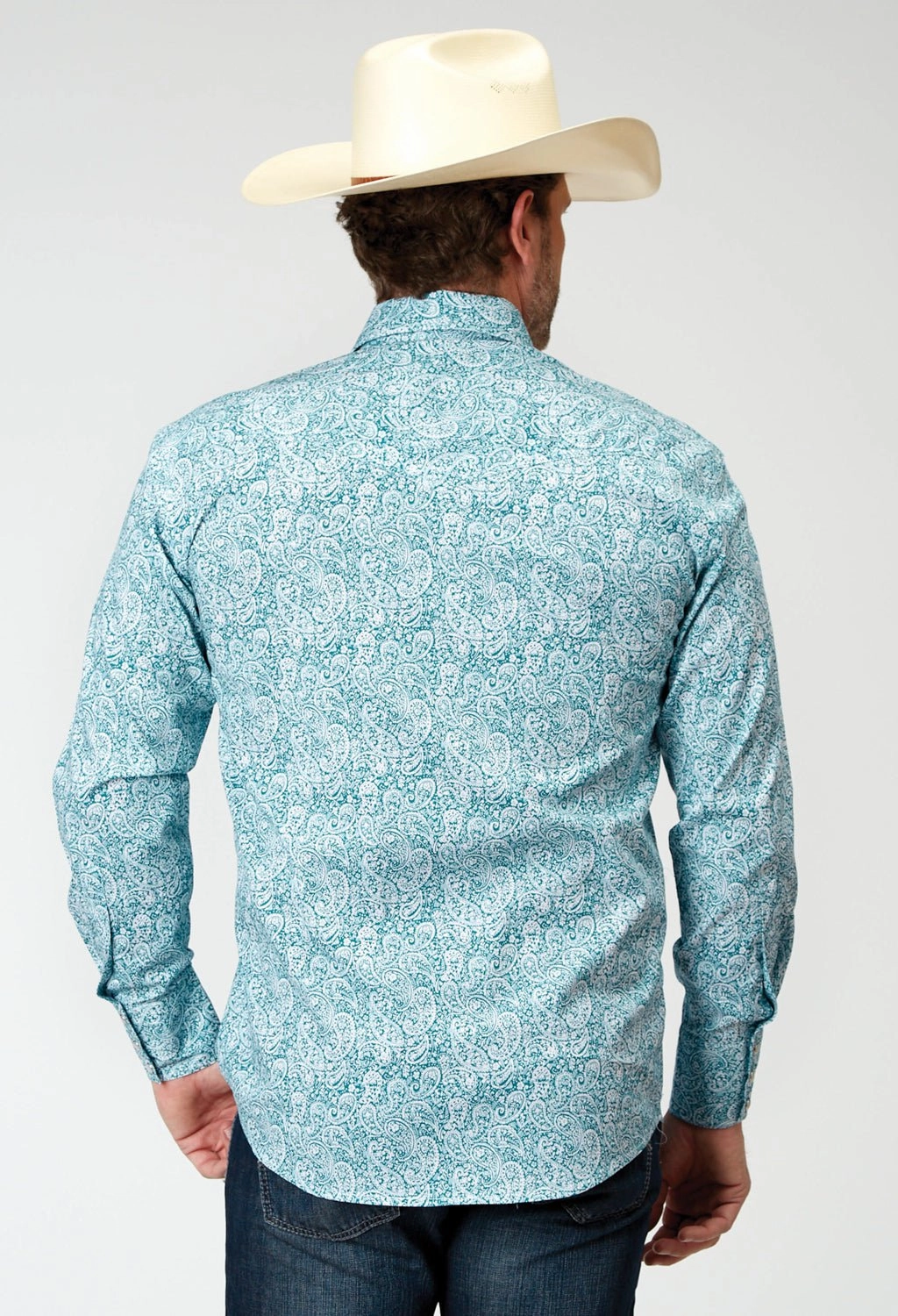 Premium Comfort Roper Mens Paisley Teal Cotton Blend L/S Shirt