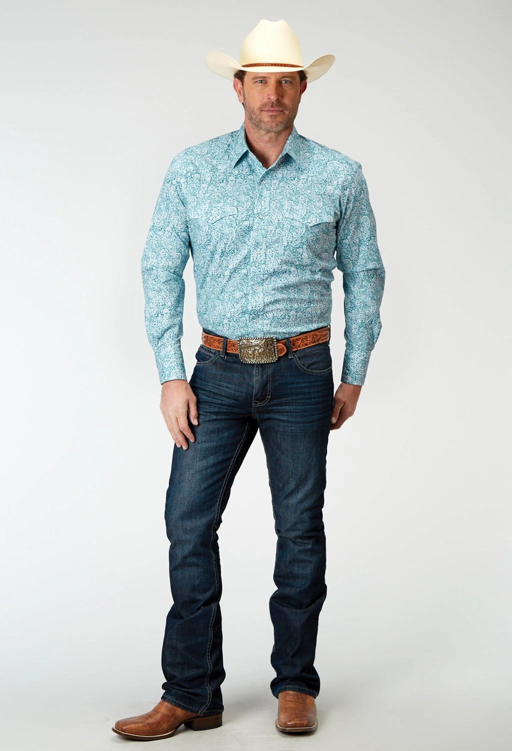 Contemporary Style Roper Mens Paisley Teal Cotton Blend L/S Shirt