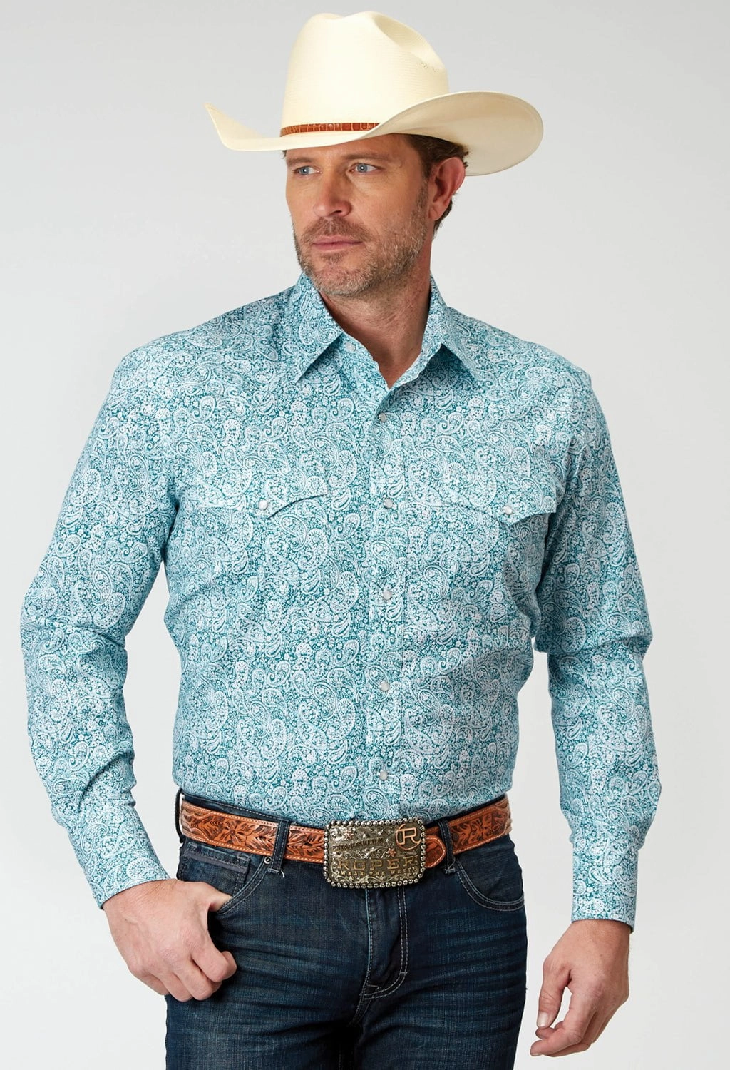 Weekend Vibes Durable Quality Roper Mens Paisley Teal Cotton Blend L/S Shirt