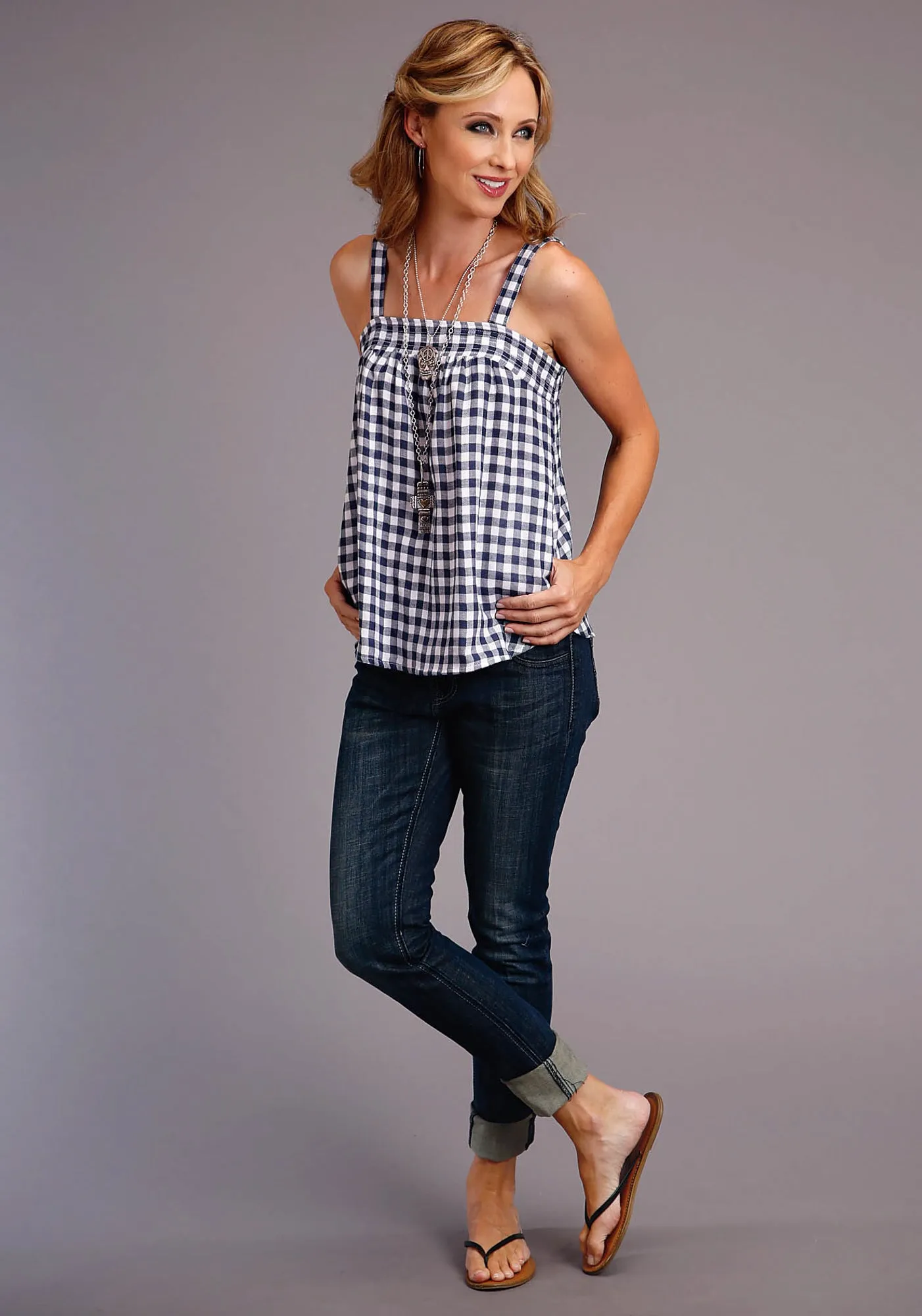 Gradient effect Quality Material Stetson Womens Navy/White 100% Cotton Gingham S/L Cami Tank Top
