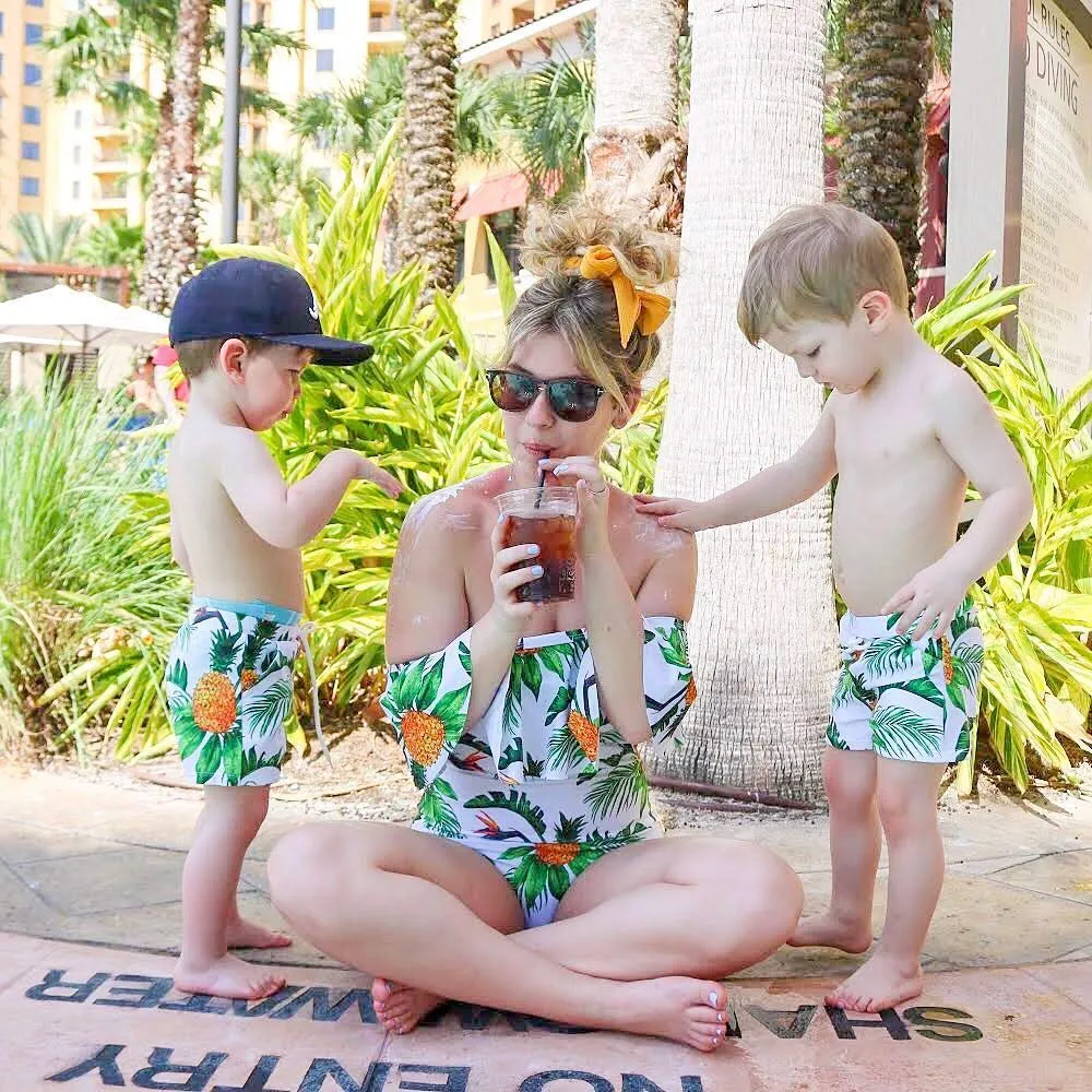 Allover Tropical Pineapple Printed Family Matching Swimwear