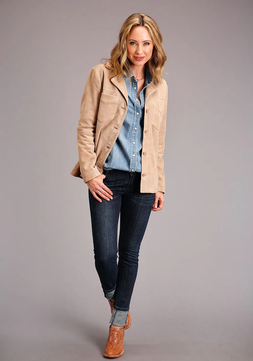 Flexible Style Stetson Womens Taupe Leather Notch Collar Jacket