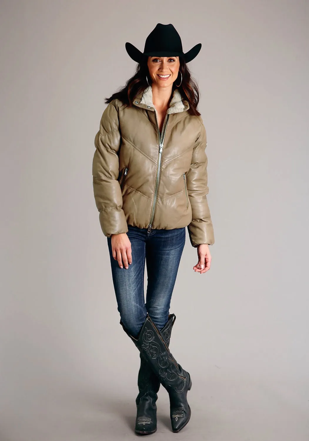 Light material Anti Slip Belt Loops Stetson Womens Puffy Chevron Tan Leather Leather Jacket