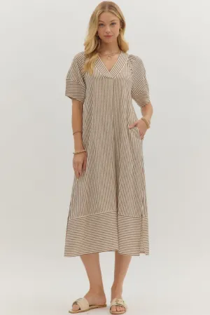 Amber Seersucker Midi Dress Chic evening wear Office Tone Versatile Layering Amber Seersucker Midi Dress