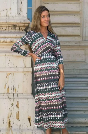Amelia Midi Wrap Dress in Geometric Lurex Khaki Shade Peach Tone Daytime Look Amelia Midi Wrap Dress in Geometric Lurex