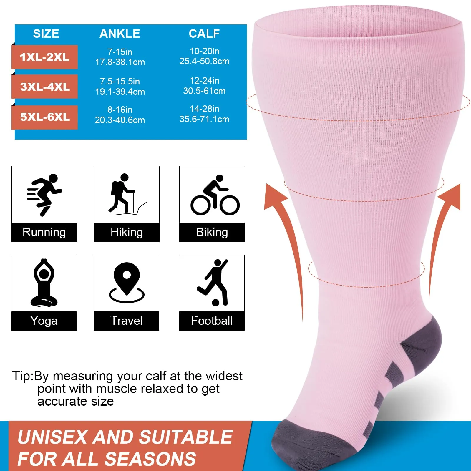 Ancrina Plus Size Compression Stockings for Men & Women, Compression Socks for Sports Running Air Travel Cycling XL-XXL Pink