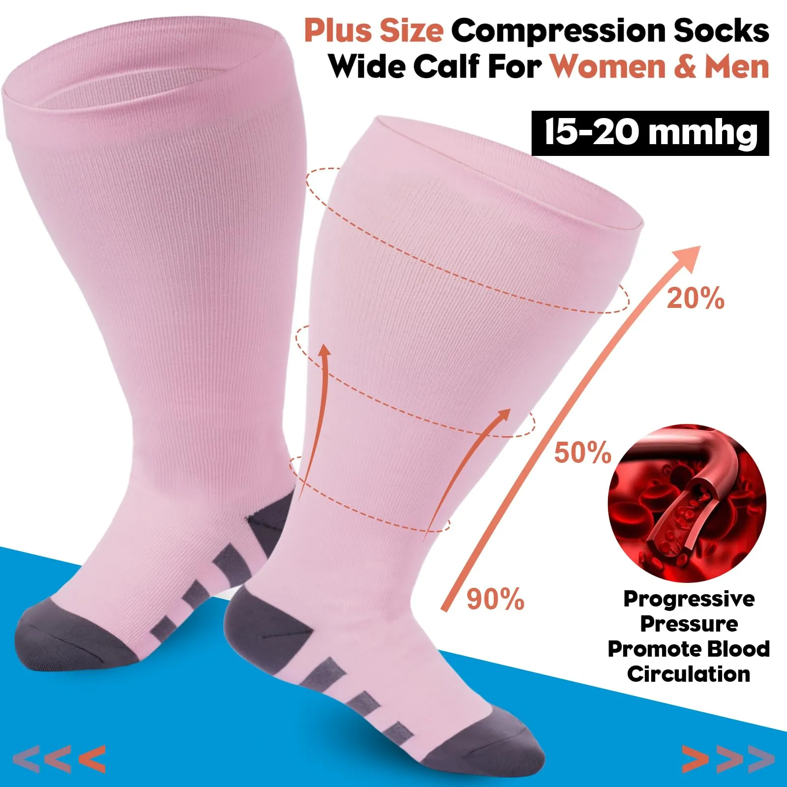 Ancrina Plus Size Compression Stockings for Men & Women, Compression Socks for Sports Running Air Travel Cycling XL-XXL Pink