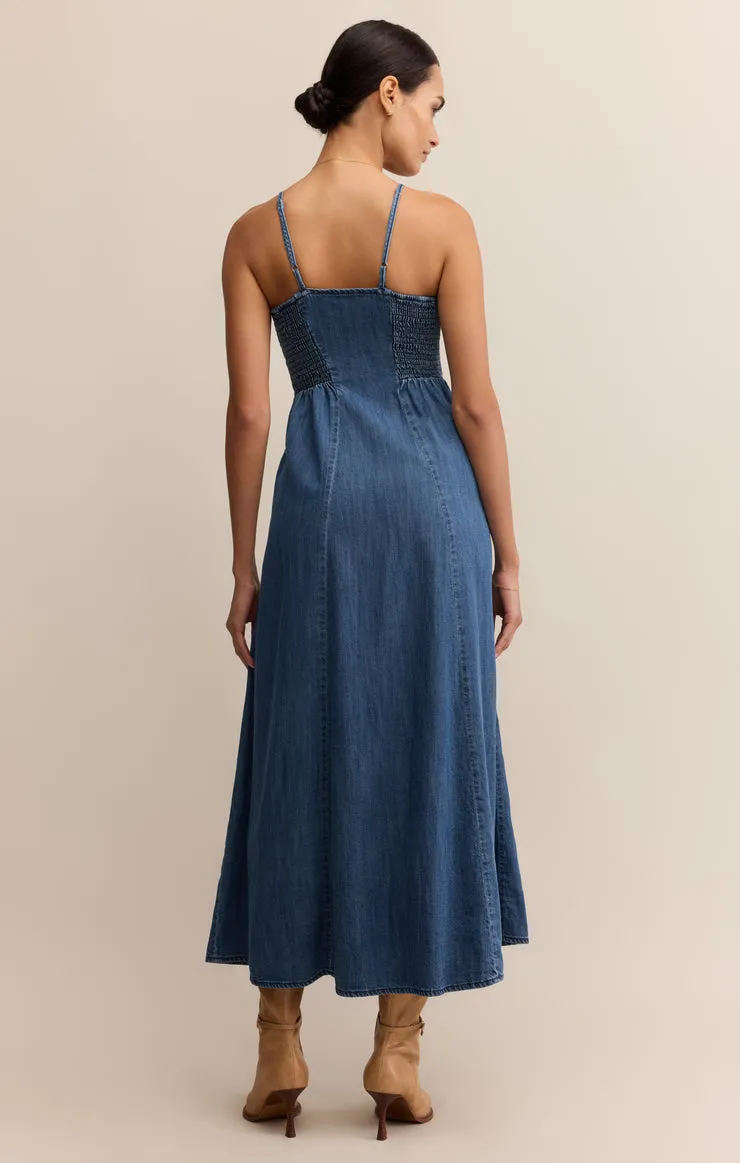 Balloon-Sleeve Inner Smile ANGEL EYES DENIM MIDI DRESS