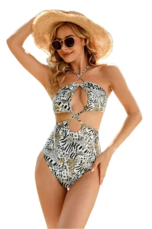 Animal Print Cutout Halter Neck One-Piece Swimsuit