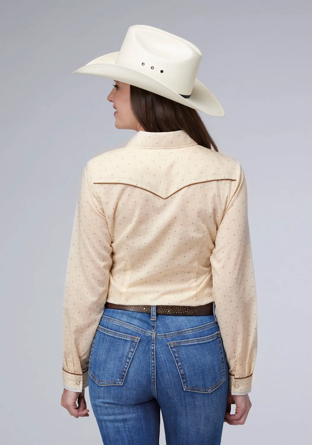 crew neck Roper Womens Diamond Wallpaper White/Cream Poly/Cotton L/S Shirt