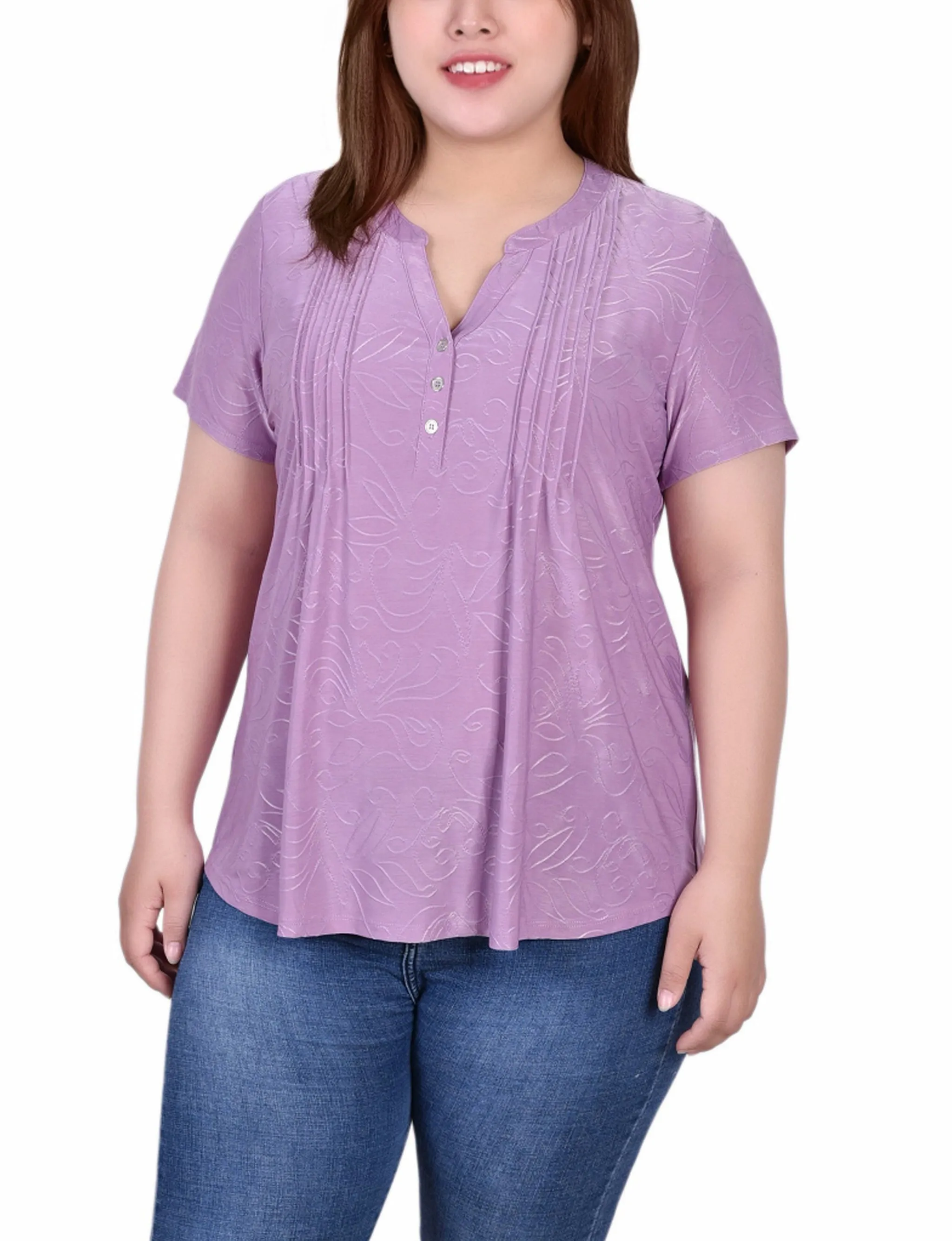 Cold-Shoulder Sleek Draping Plus Size Short Sleeve Y Neck Jacquard Knit Top