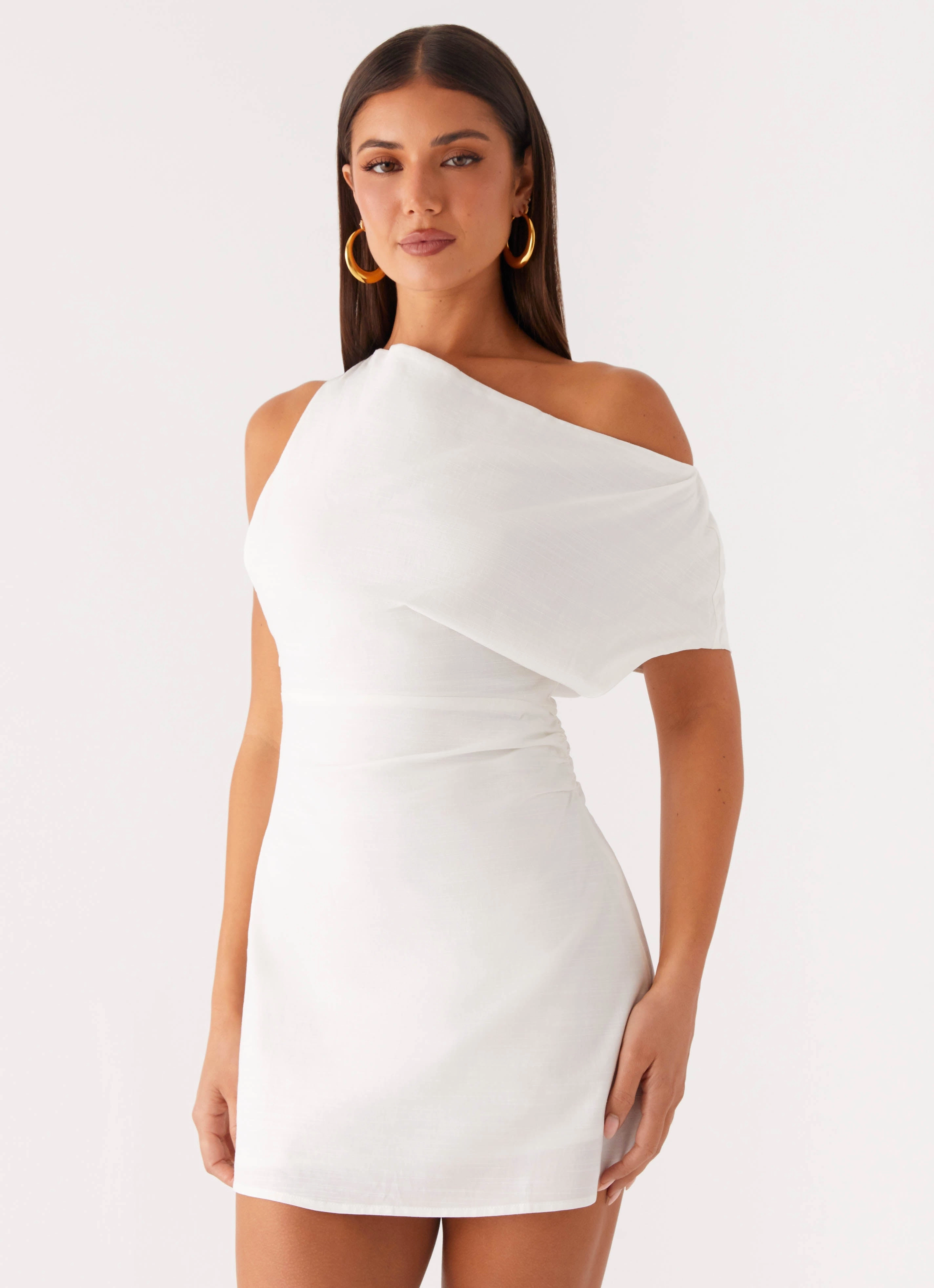 Moonlight Oasis Asymmetrical Mini Dress - Off White City Layers understated look