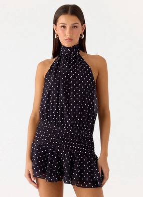 Ankle length Willow Chiffon Mini Dress - Black Polkadot Calm Grace Willow Chiffon Mini Dress - Black Polkadot