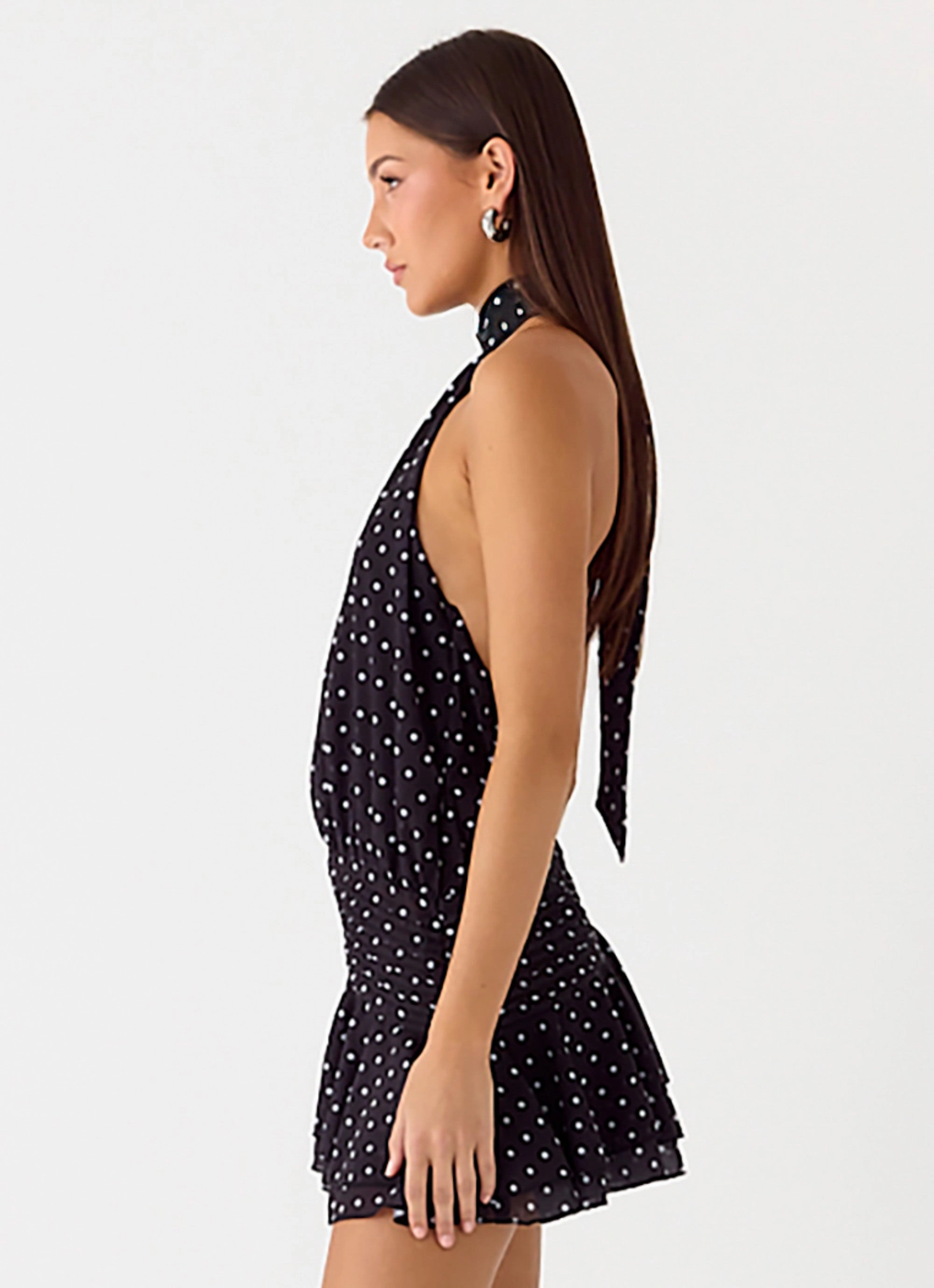 Willow Chiffon Mini Dress - Black Polkadot Retro Mood Smooth Outline