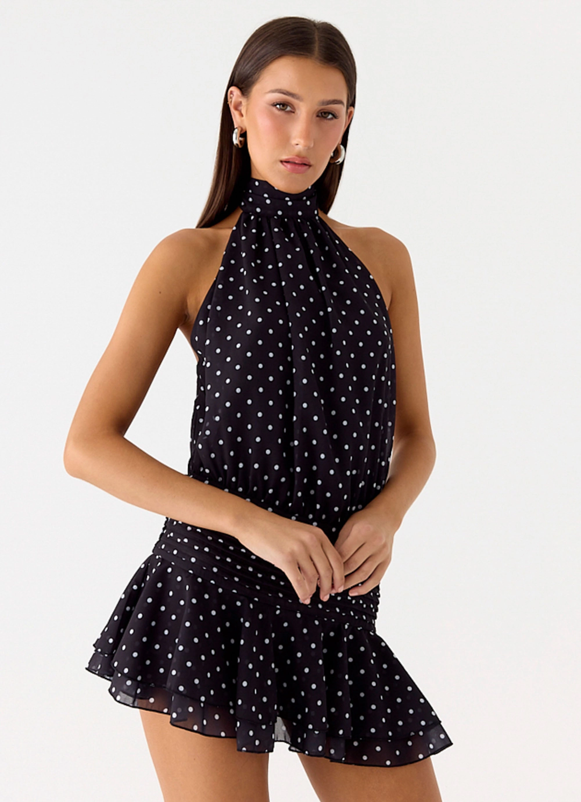 Willow Chiffon Mini Dress - Black Polkadot Perfect for Layering