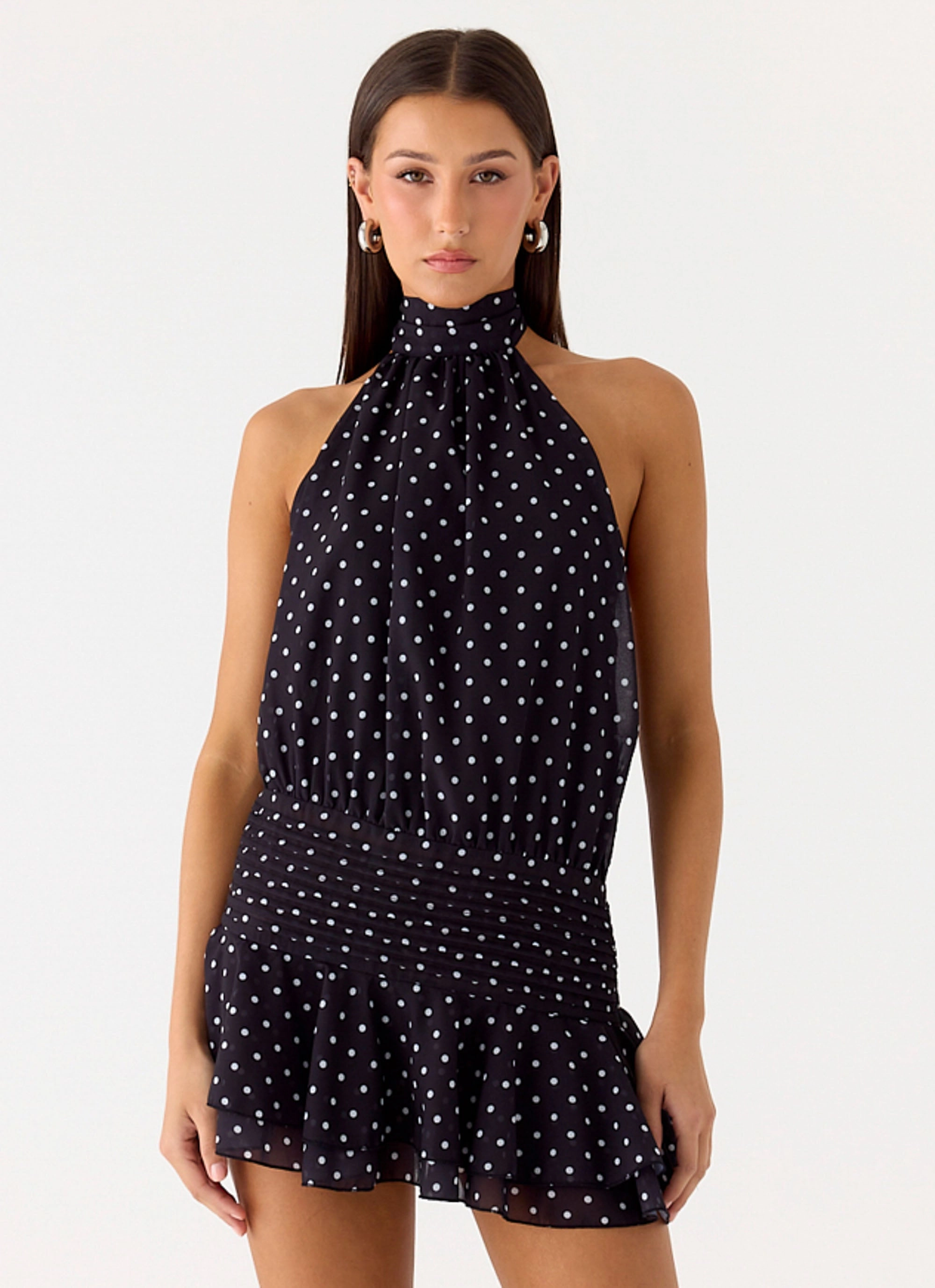 Calm Grace Willow Chiffon Mini Dress - Black Polkadot
