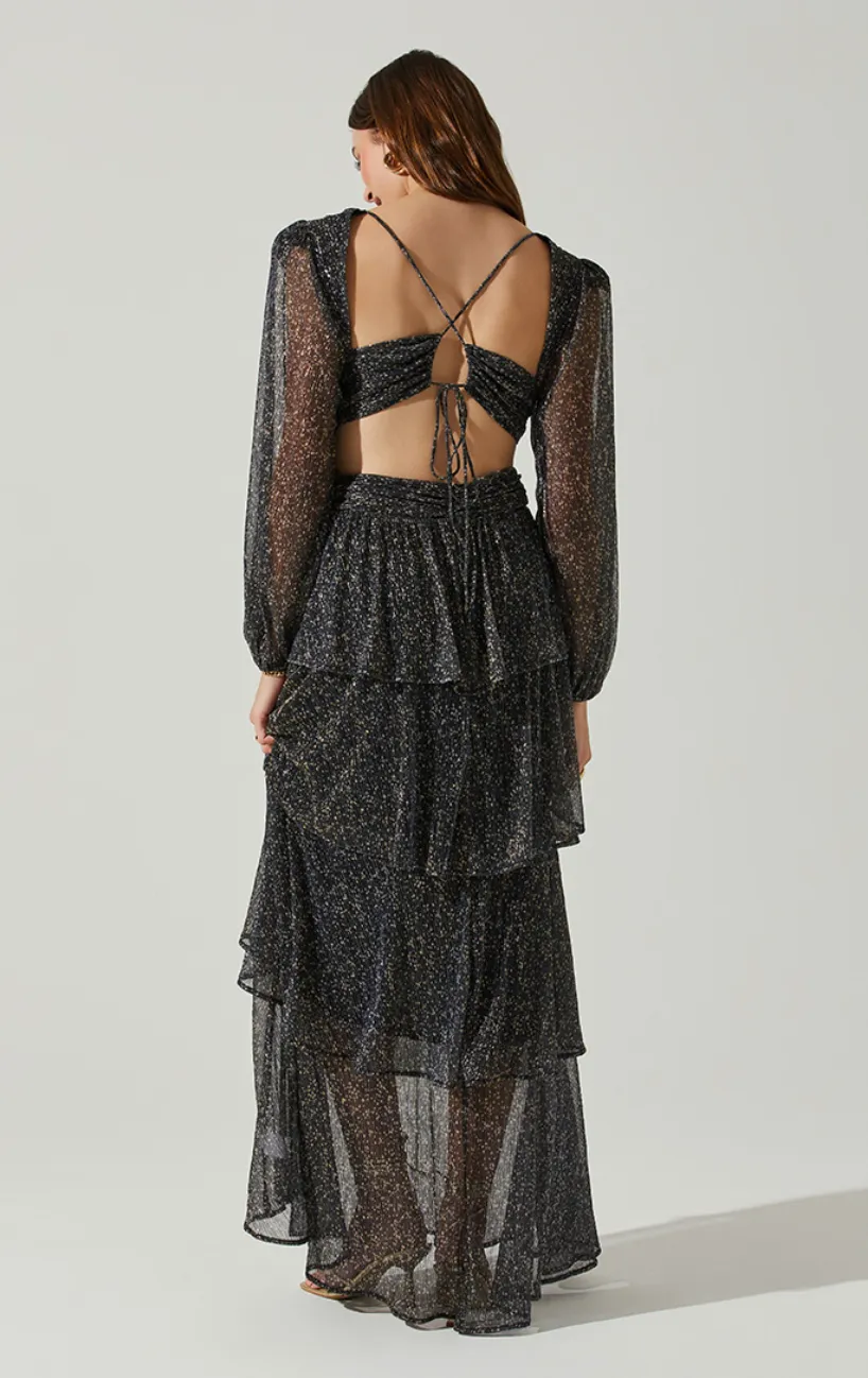 Drawstring-Waist Anora Dress in Black Sparkle