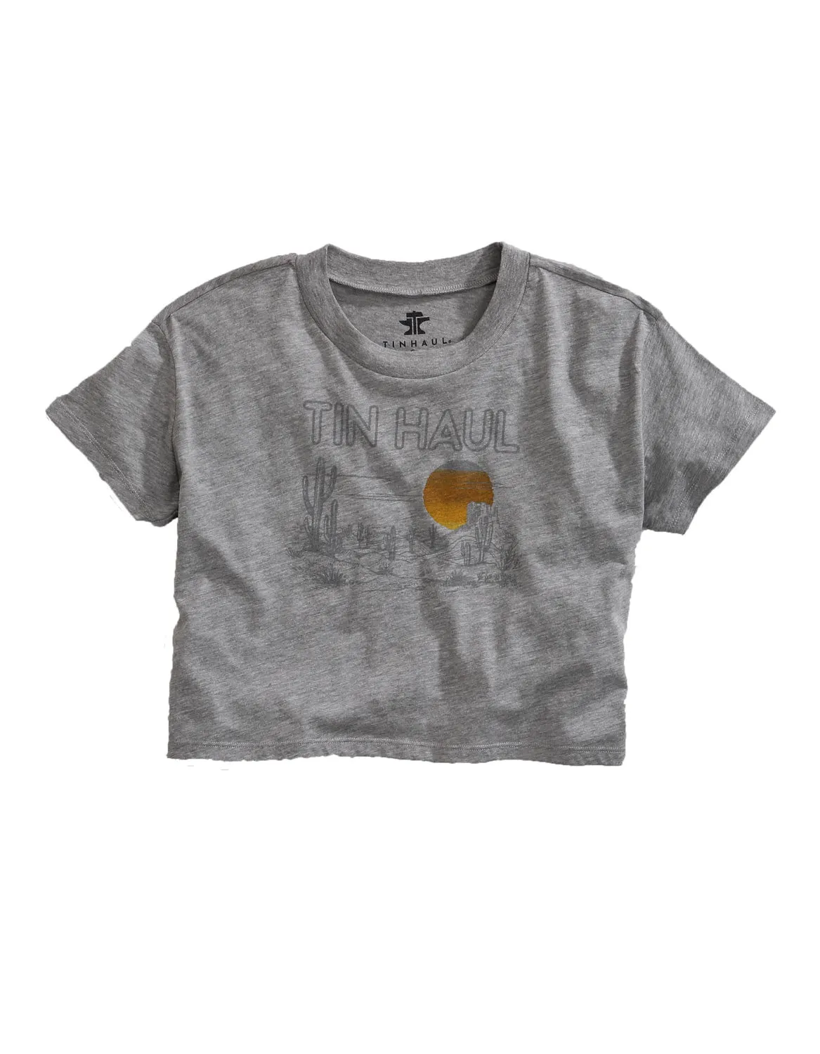 Tin Haul Womens Grey Cotton Blend Desert Scenery S/S Crop T-Shirt Pocket Detail Black Tie Optional