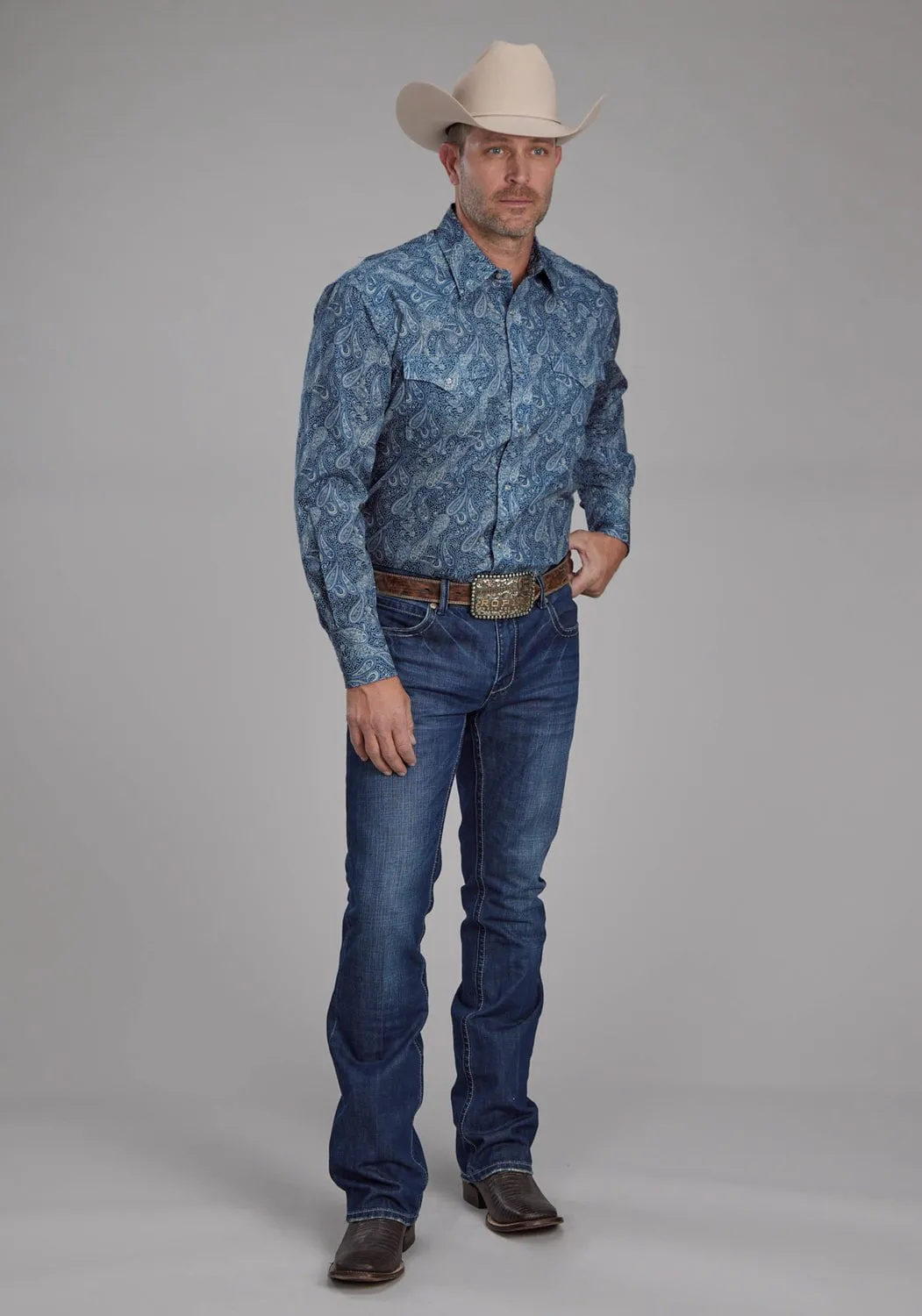 Athletic Cut Roper Mens River Paisley Blue 100% Cotton L/S Shirt
