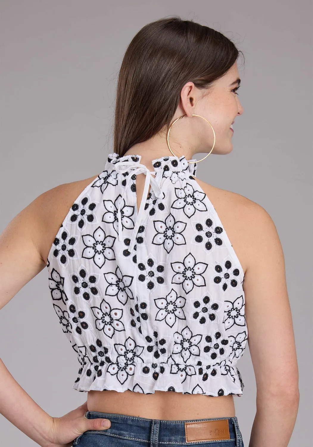 Roper Womens Floral Eyelet Western White/Black 100% Cotton S/L Halter Top Traveler??s Choice Stretchable Fabric