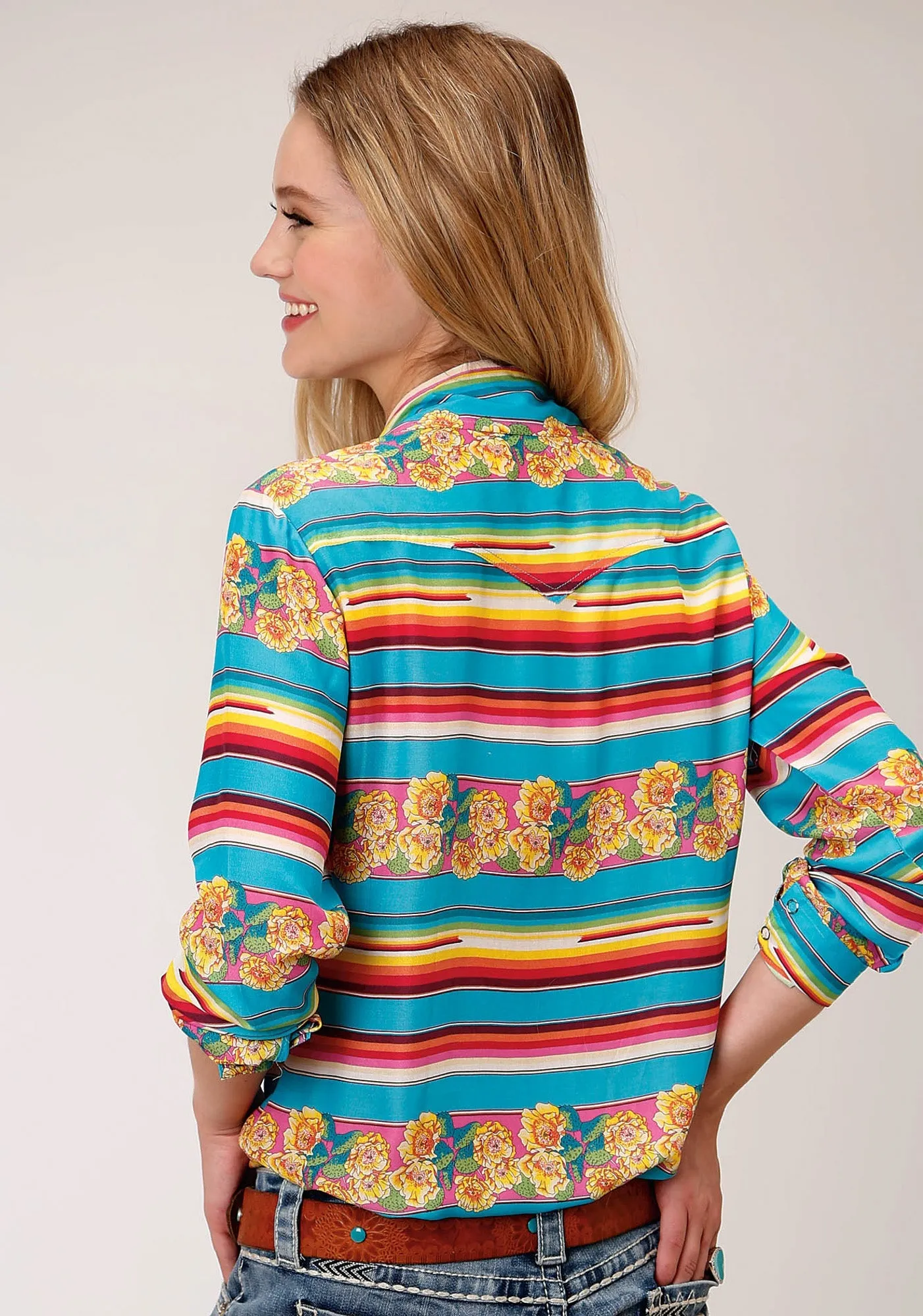 Roper Womens Multi-Color Rayon/Nylon Serape Print L/S Snap Shirt Functional Waist Brushed Interior