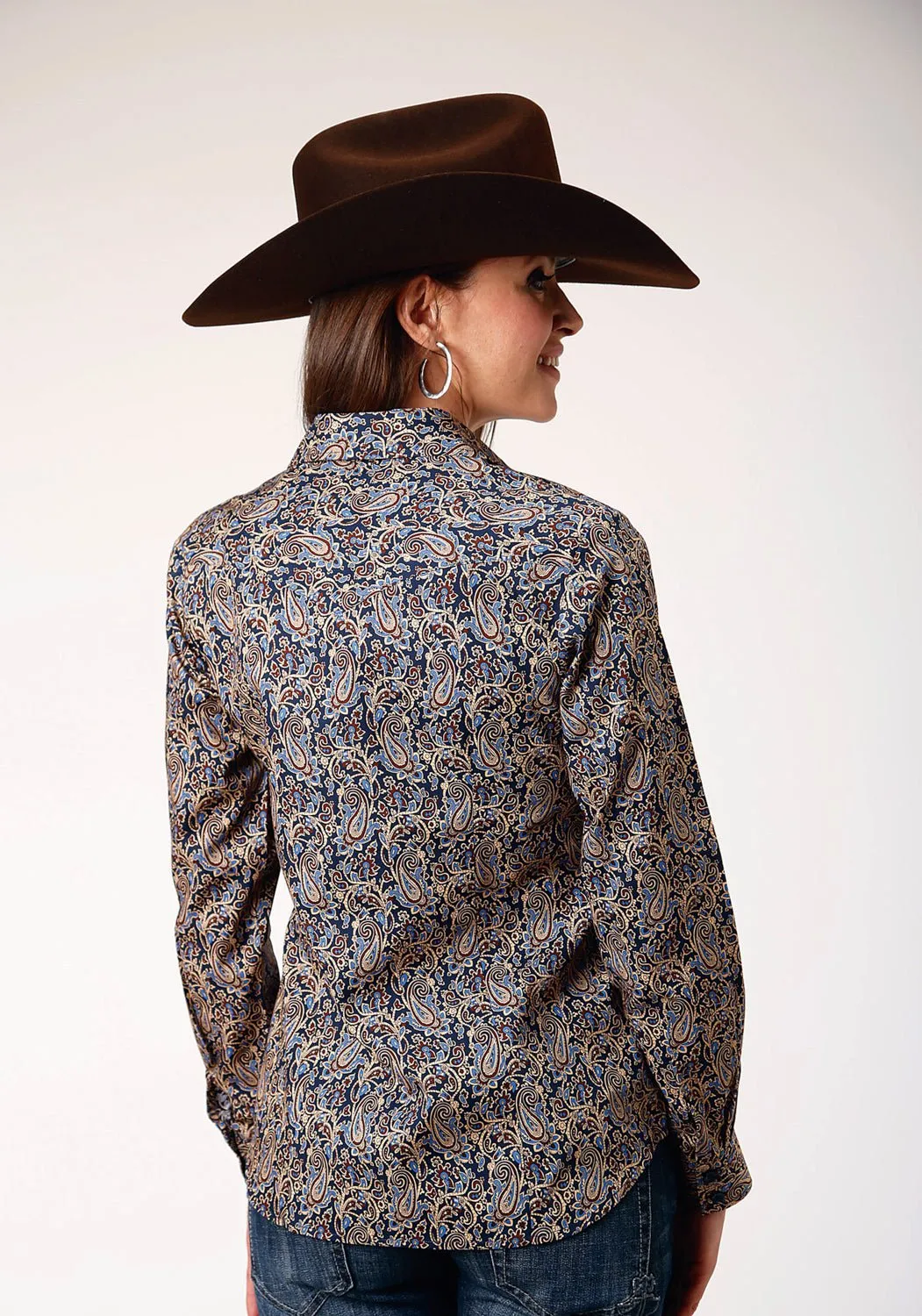 Roper Womens Vintage Paisley Blue 100% Cotton L/S Shirt Double Stitched Seams Conference Appropriate