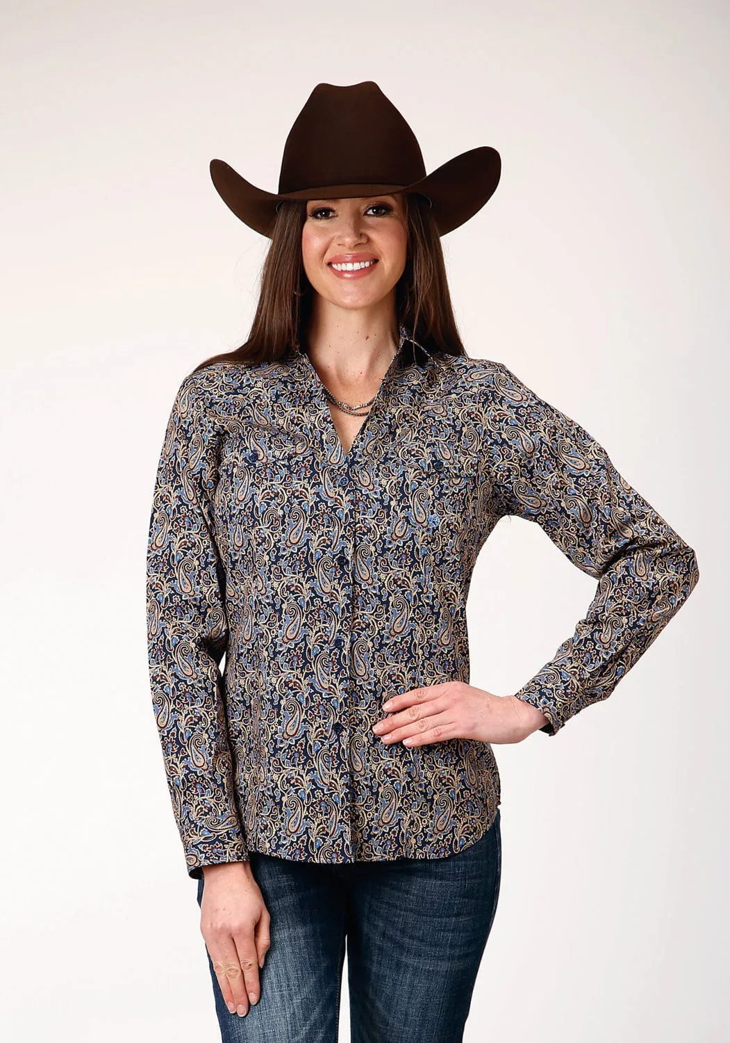 Corporate Retreat Graduation Attire Roper Womens Vintage Paisley Blue 100% Cotton L/S Shirt