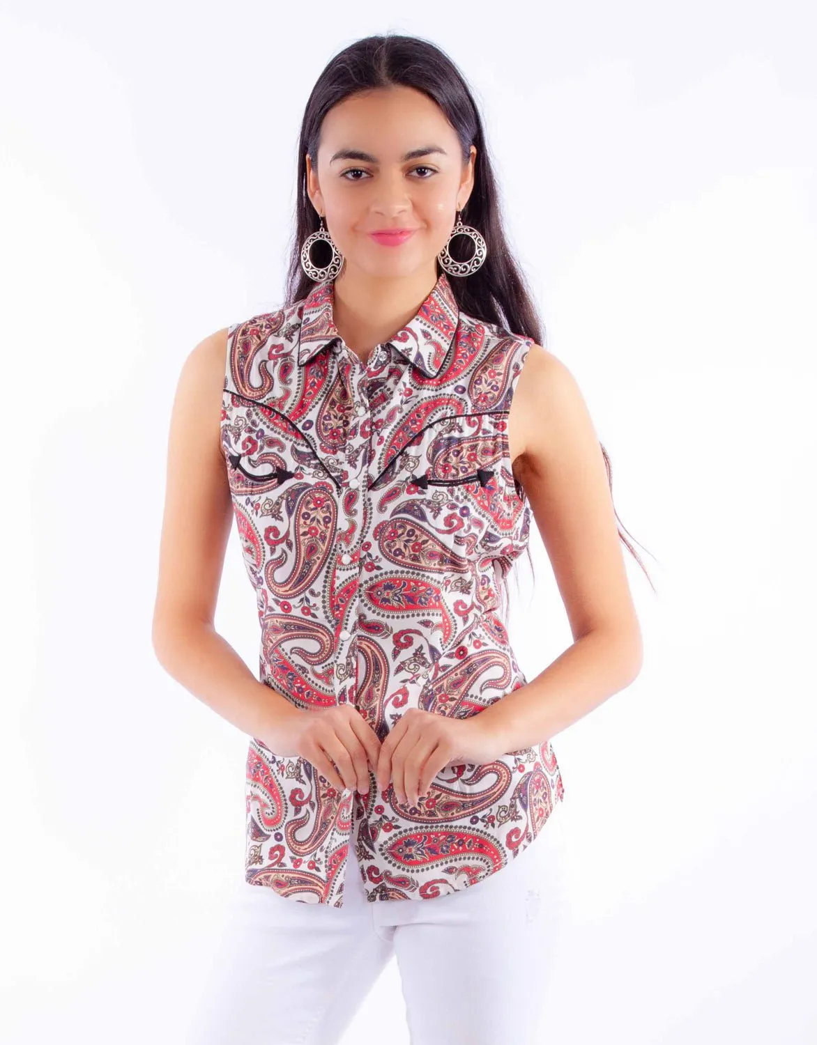 Lightweight Comfort Tailored Silhouette Scully Womens Bold Paisley Red 100% Rayon S/L Shirt