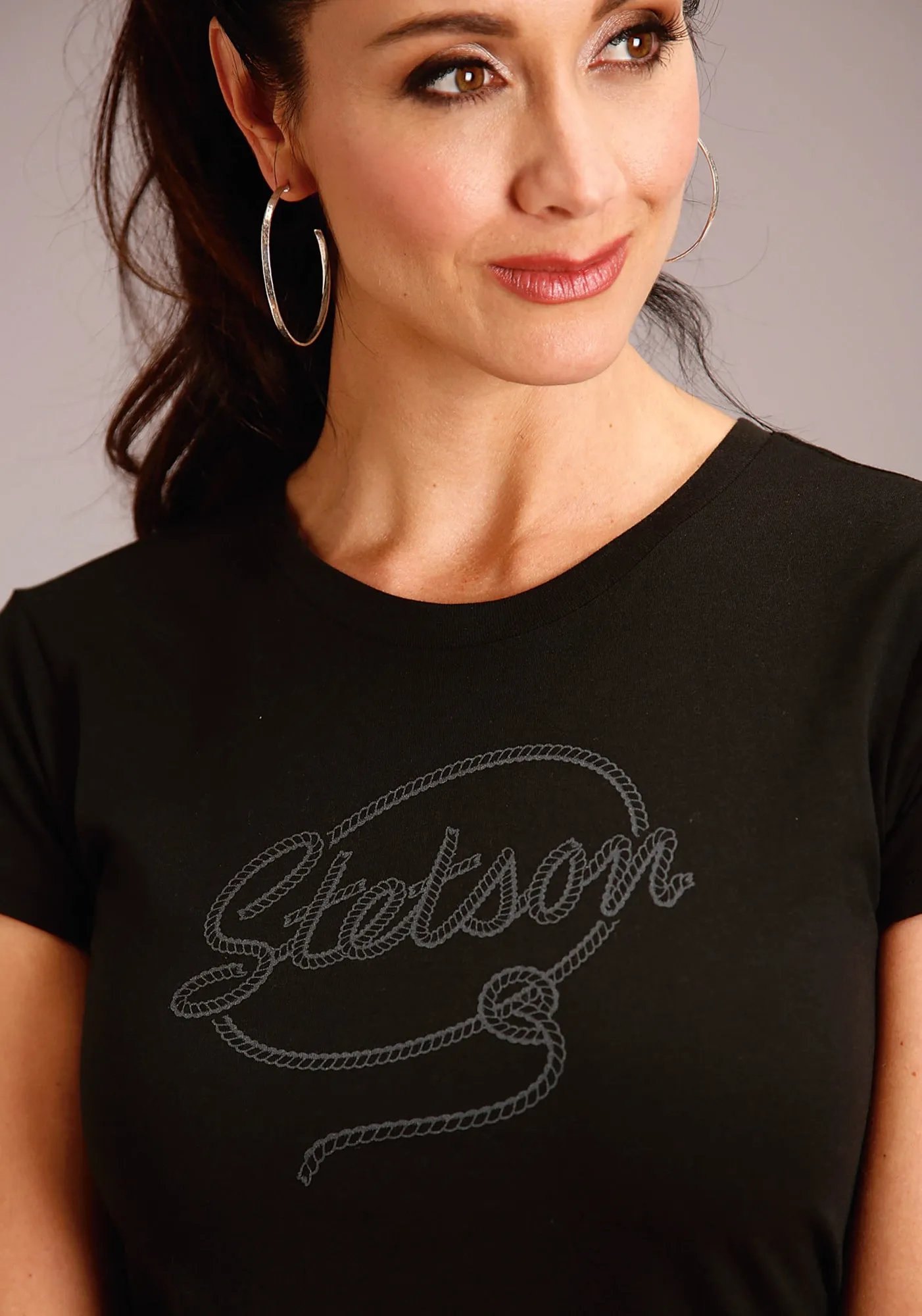 Easy Comfort Stetson Womens Black 100% Cotton Rope Letters S/S T-Shirt