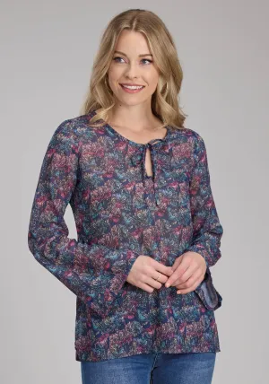 Anti Slip Hem Roper Womens Gem Floral Keyhole Multi-Color 100% Cotton L/S Blouse Patterned Texture Year-Round Wear Roper Womens Gem Floral Keyhole Multi-Color 100% Cotton L/S Blouse