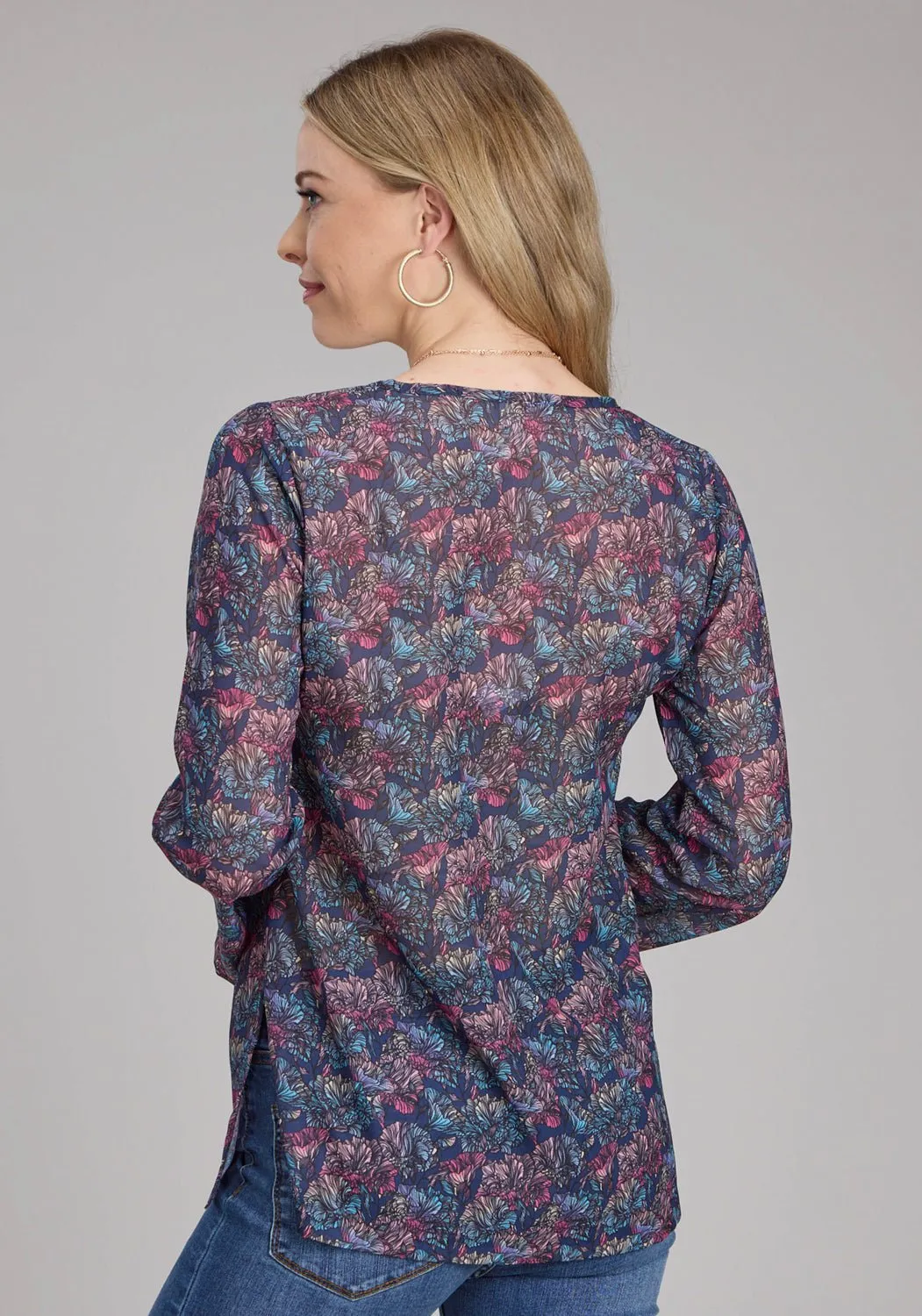 Soft Texture Two Tone Stitching Roper Womens Gem Floral Keyhole Multi-Color 100% Cotton L/S Blouse